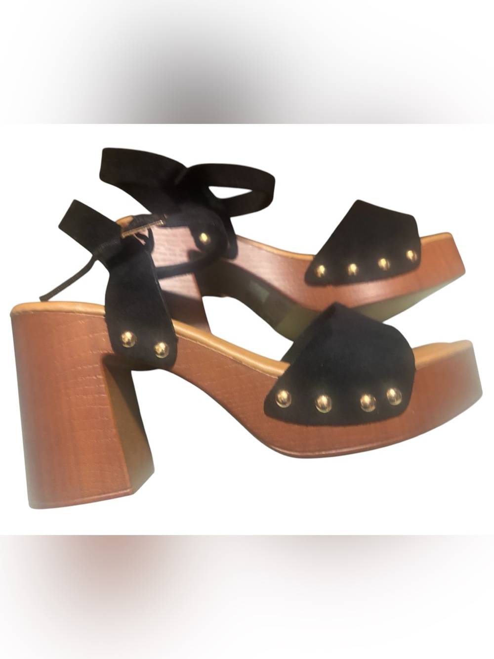 🔥NWOB Black Suede Studded Platform Sandals with Wood Block Heel